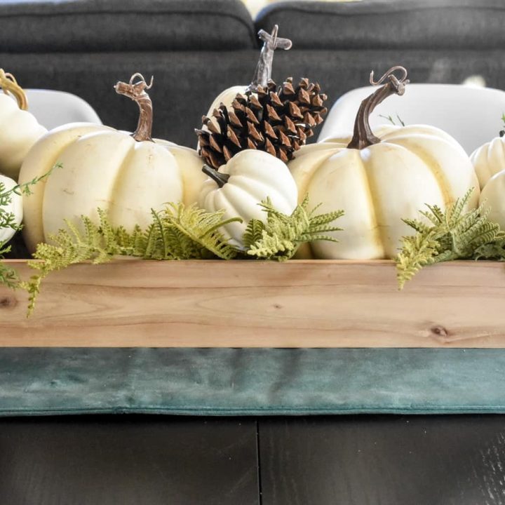 window box filled with pumpkins and pine cones