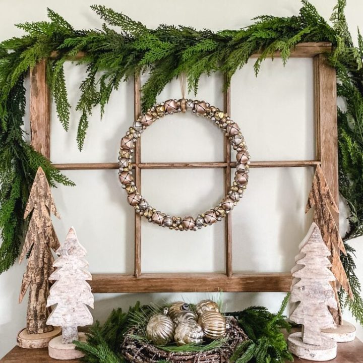 antique window with diy jingle bell wreath