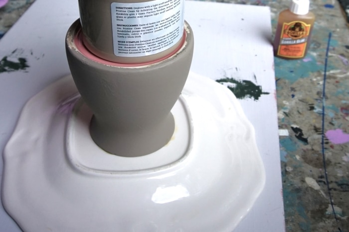 adhere plates to glass vases with Gorilla Glue for DIY projects