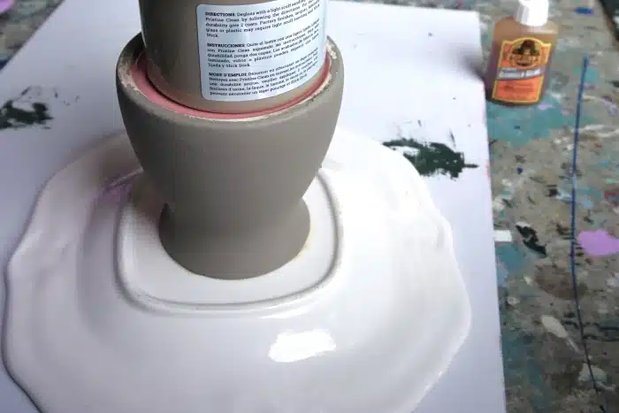 adhere plates to glass vases with Gorilla Glue for DIY projects