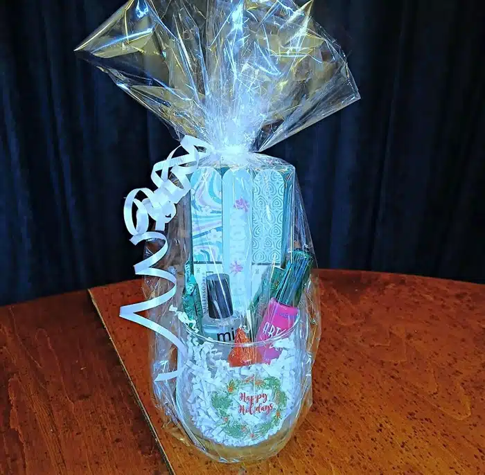 Dollar Tree glass filled with manicure items for Christmas gift 1