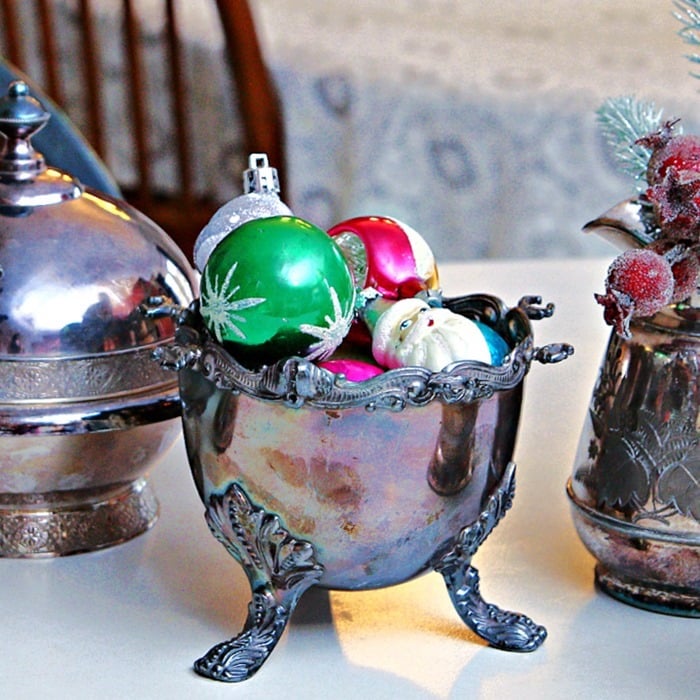 decorating for Christmas with Shiny Brite Ornaments and vintage silver plate