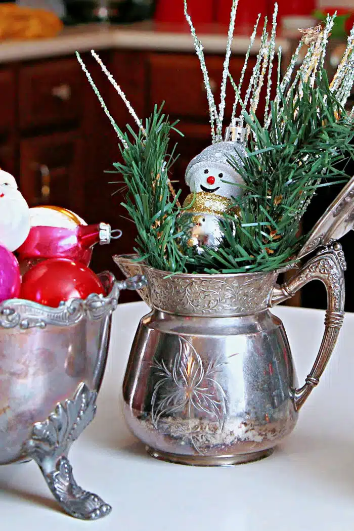 decorating with silver plate and Shiny Brite ornaments