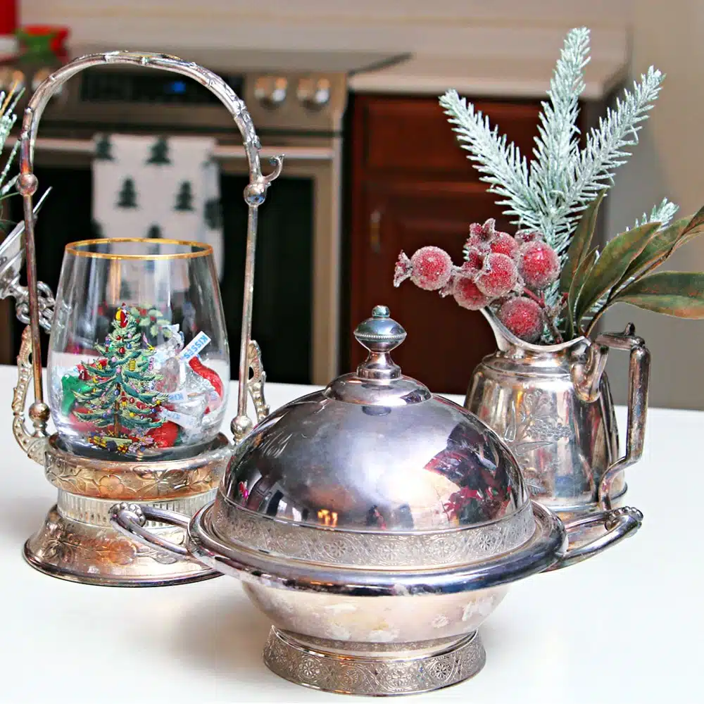 how to decorate with vintage silver plate and shiny brite ornaments