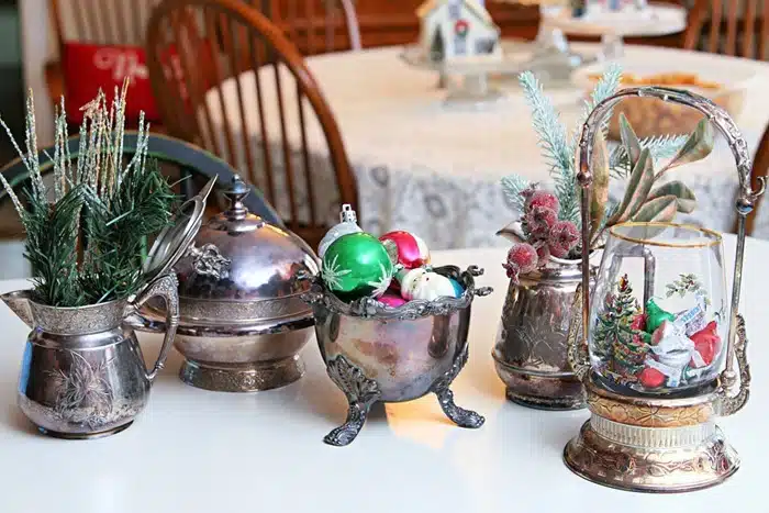how to decorate with vintage silver plate pieces for Christmas (1)