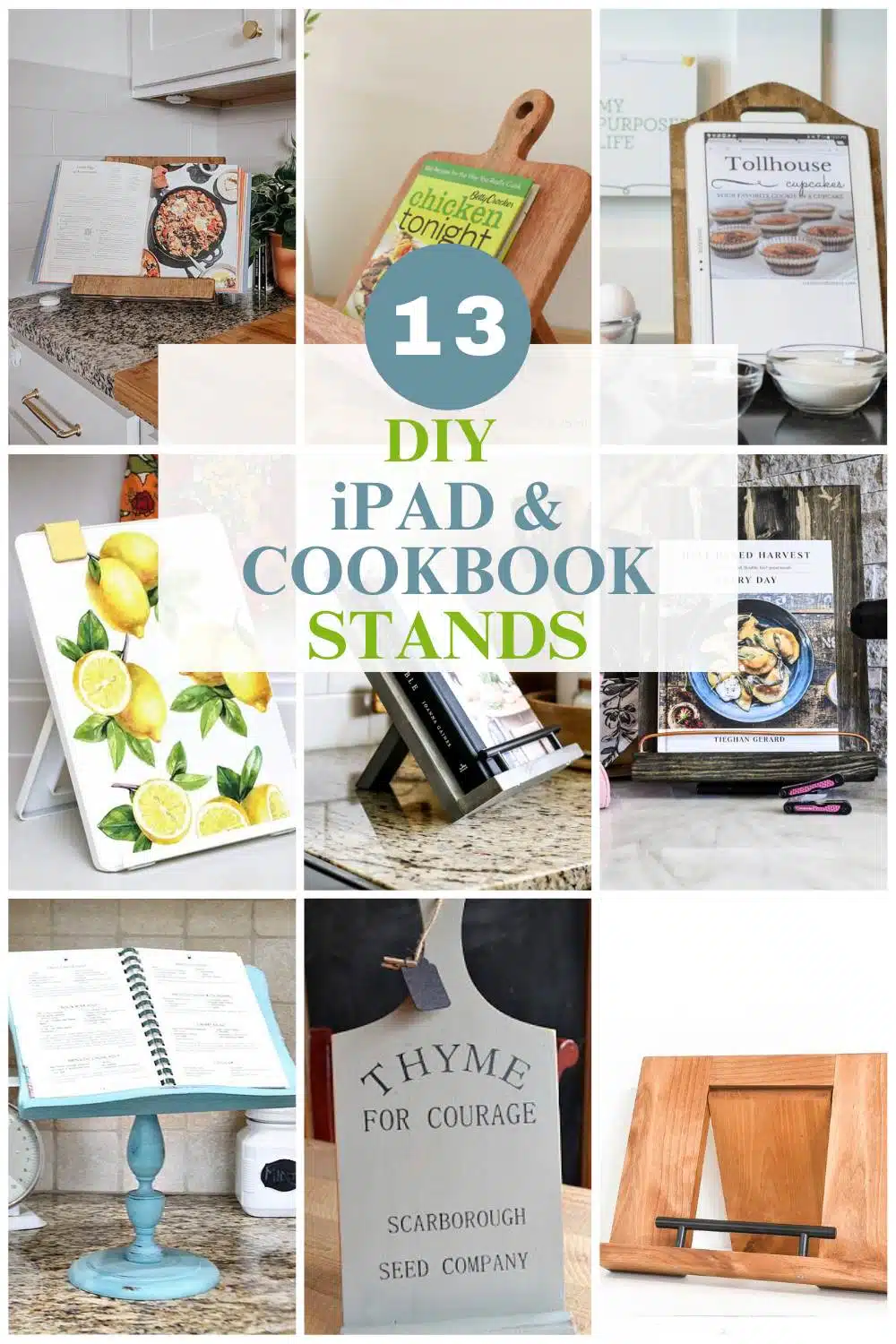 9 image collage diy iPad and cookbook stands with text