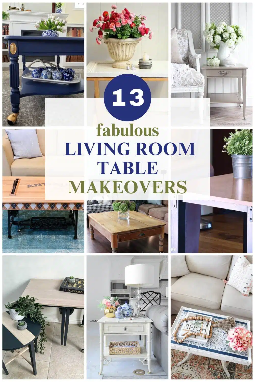 9 image collage with living room table makeovers