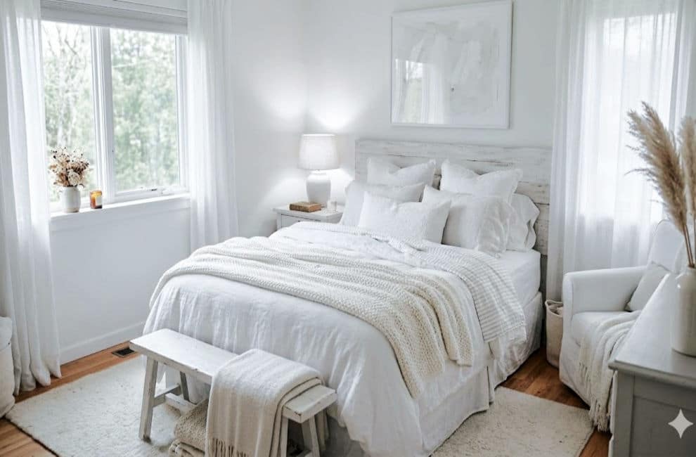 A bright, airy bedroom with a calming white paint color for bedroom walls, a bed with white bedding and pillows, a wooden bench at the foot, a nightstand with a lamp, a window with sheer curtains, and minimalist natural decor.