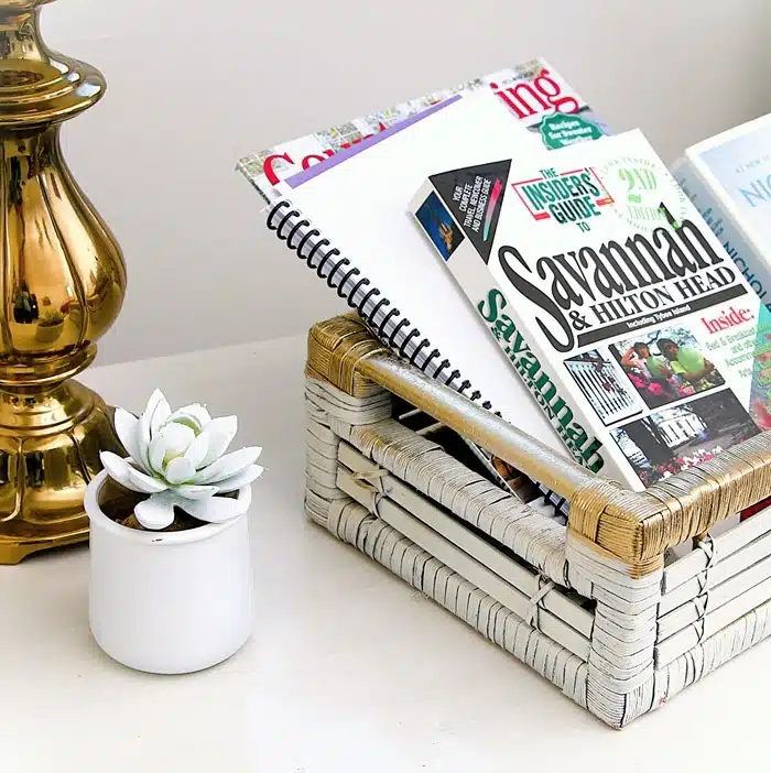 how to spray paint a bamboo tray or bamboo basket with white and metallic gold colors