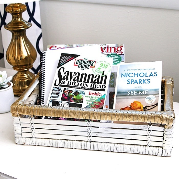 spray painted basket for guest bedroom