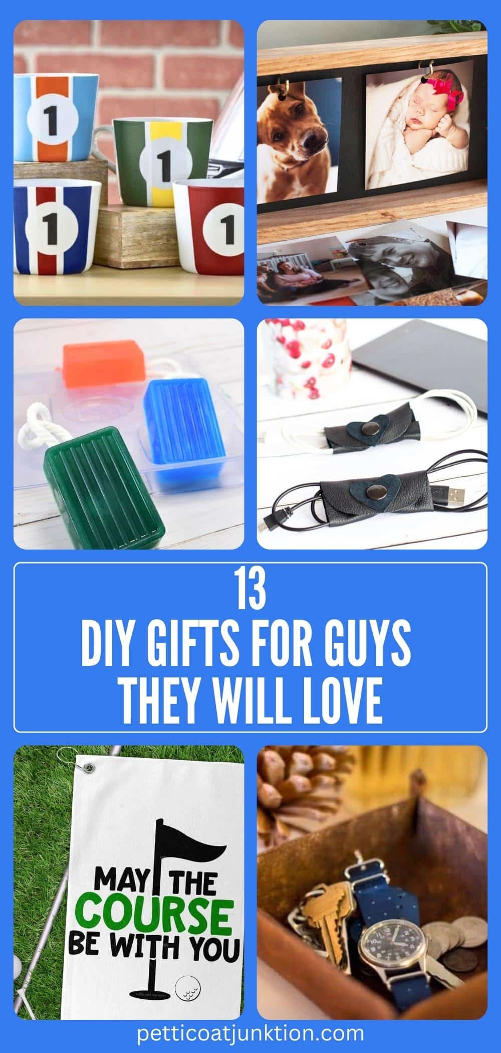 Creative homemade gift ideas for men including mugs, organizers, soap on a rope, change ir key holders and more