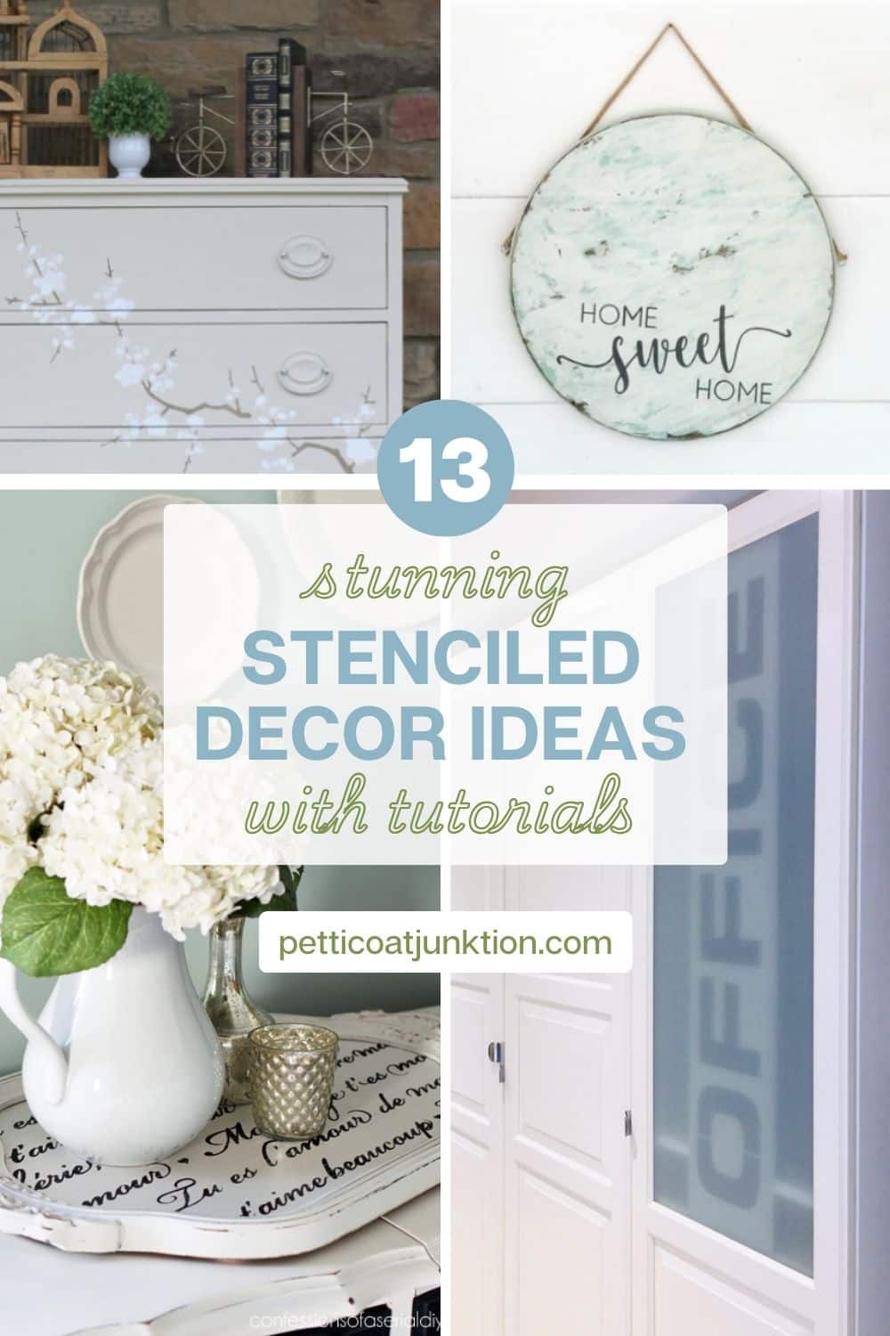 4 image collage with stenciled decor