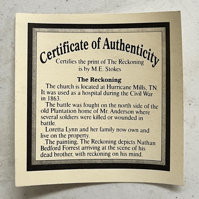 certificate of authenticity for The Reckoning Print