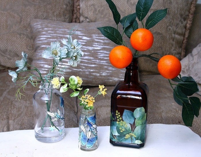 glass bottles decorated with decals from Dollar Tree (2)