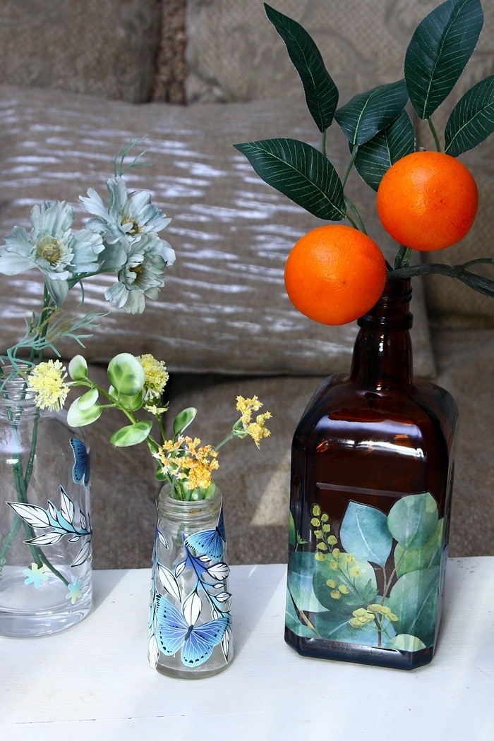 glass bottles decorated with decals from Dollar Tree (4)