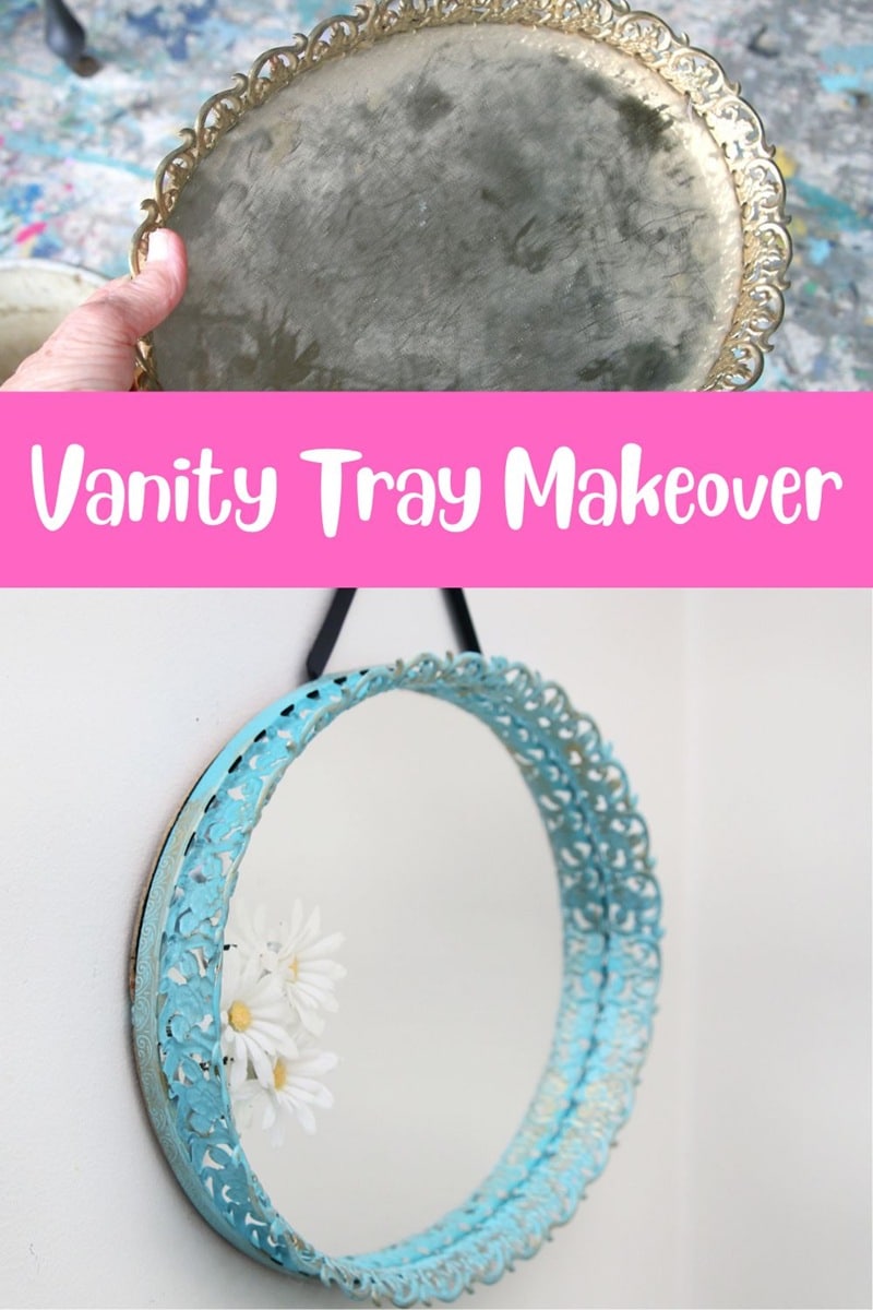 How to repurpose a mirrored vanity tray into a wall mirror. Spray paint the metal rim of the tray and attach a ribbon to hang on the mirror on the wall.