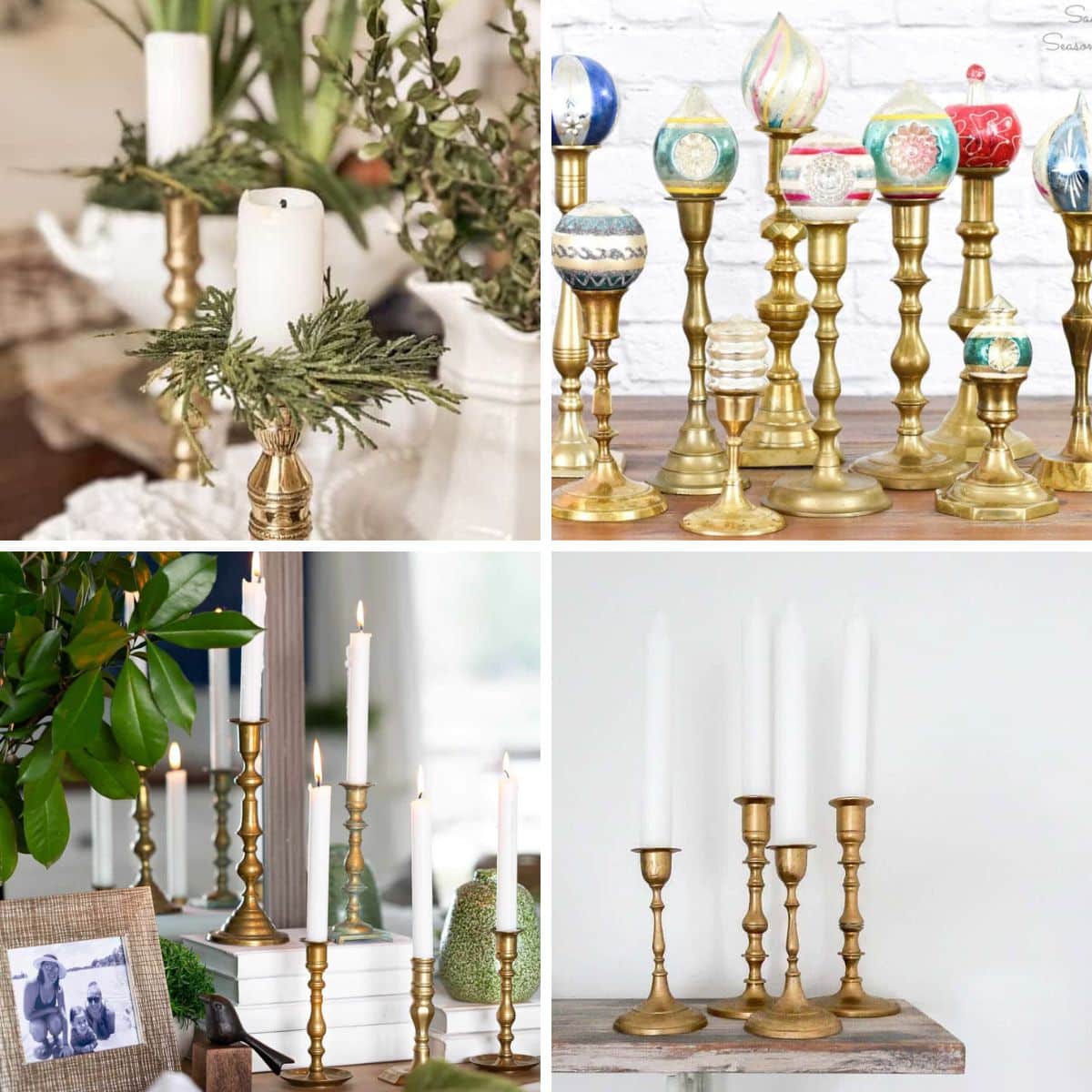 4 image collage with brass candlesticks