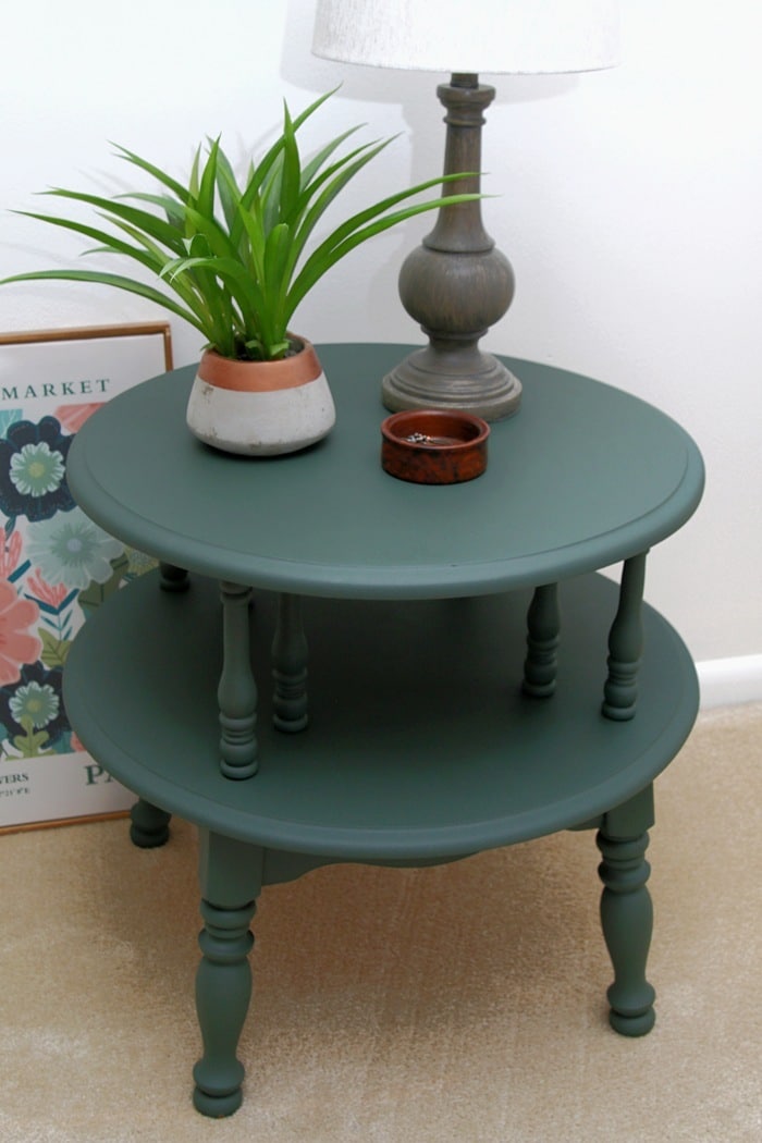 Mid century modern table painted with Dixie Belle Acadia paint color