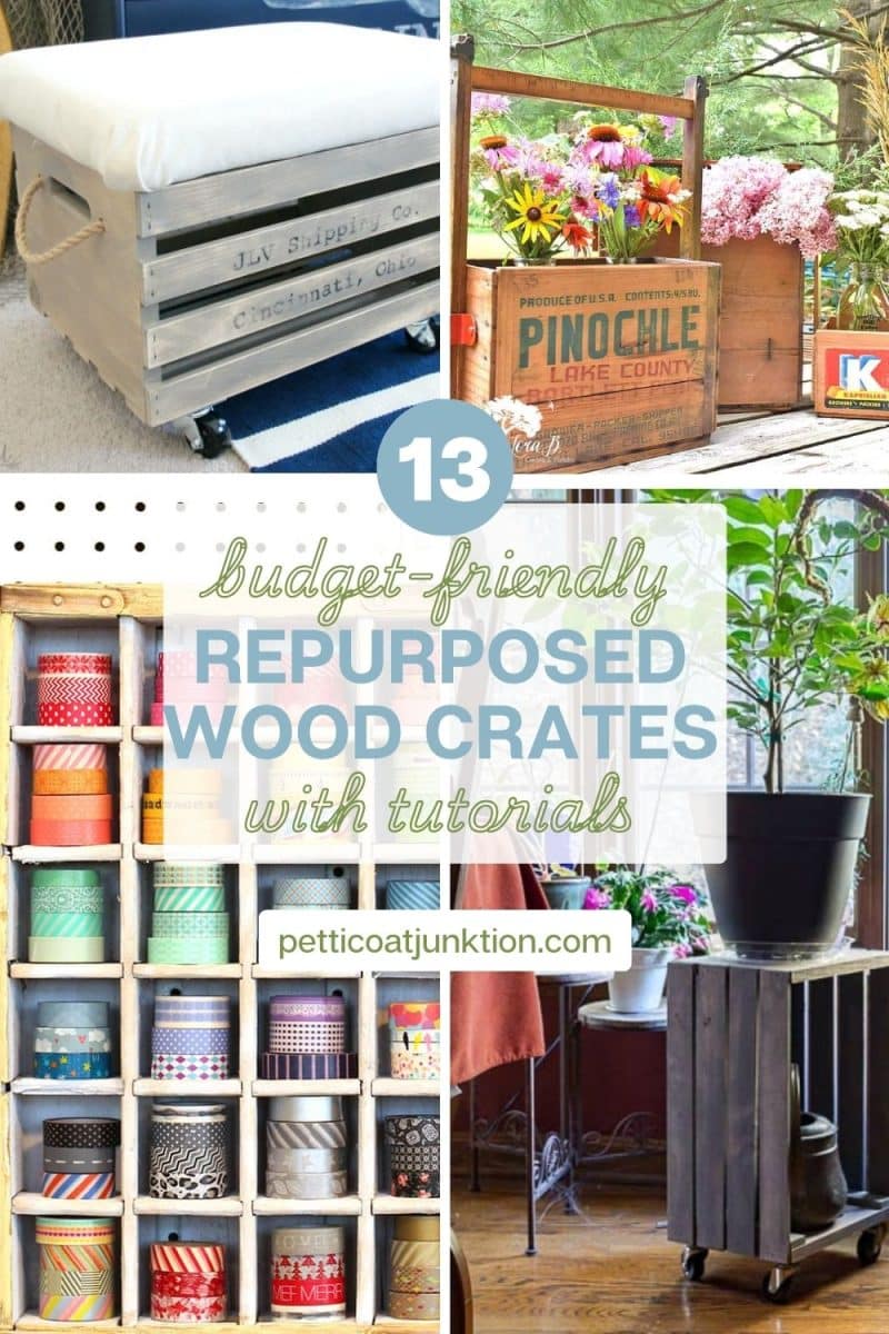 4 image collage repurposed wood crates