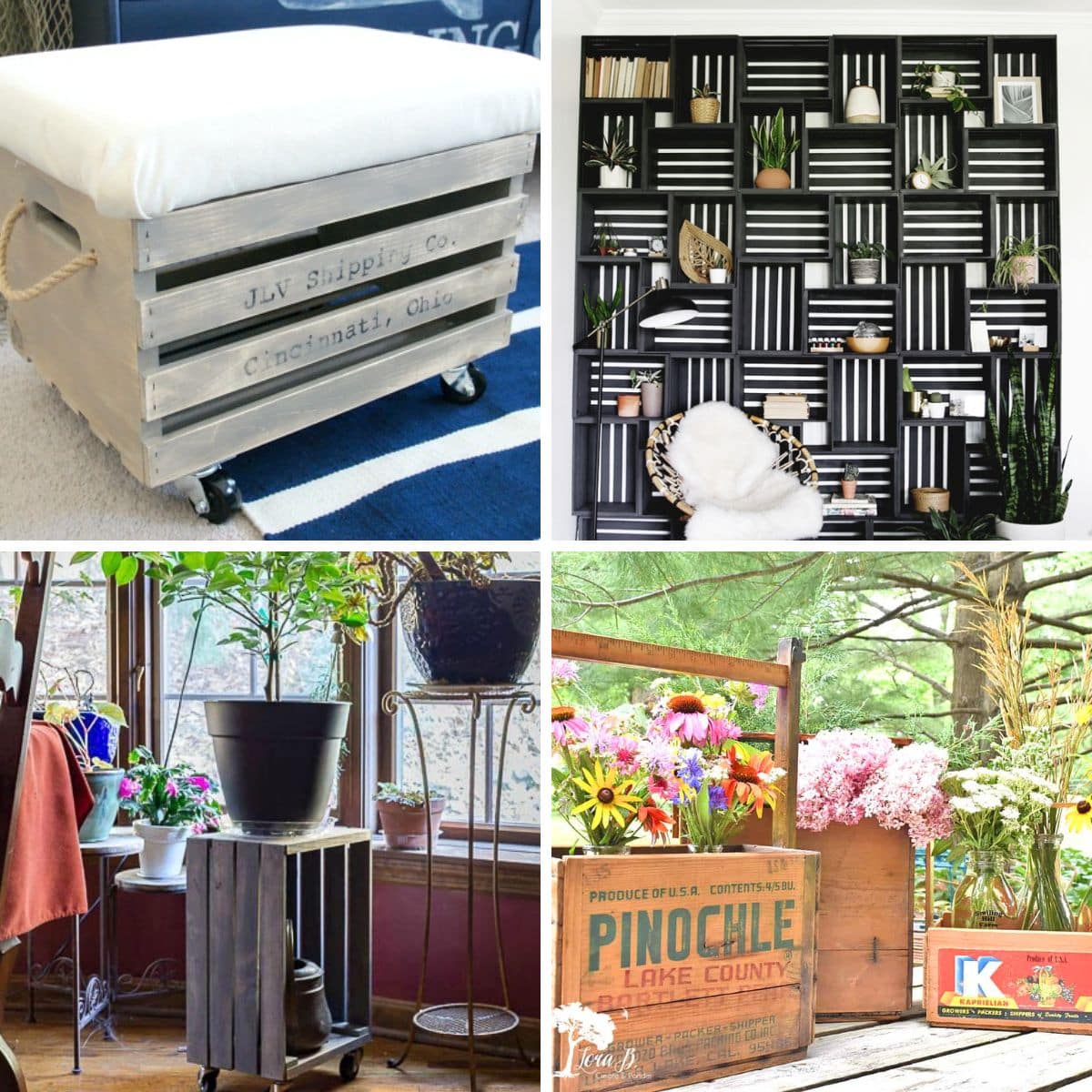 4 image collage repurposed wood crates
