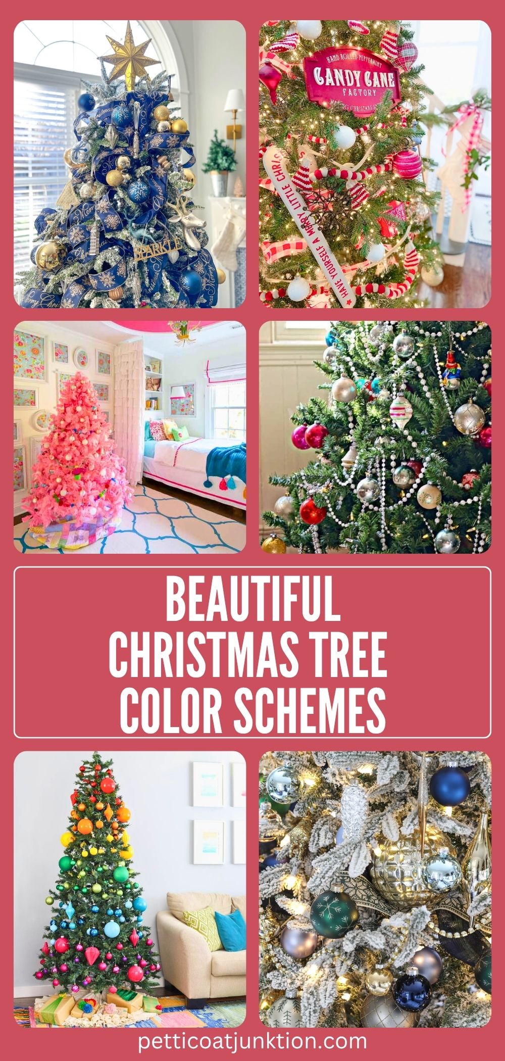 6 image collage with Christmas Trees in different color schemes