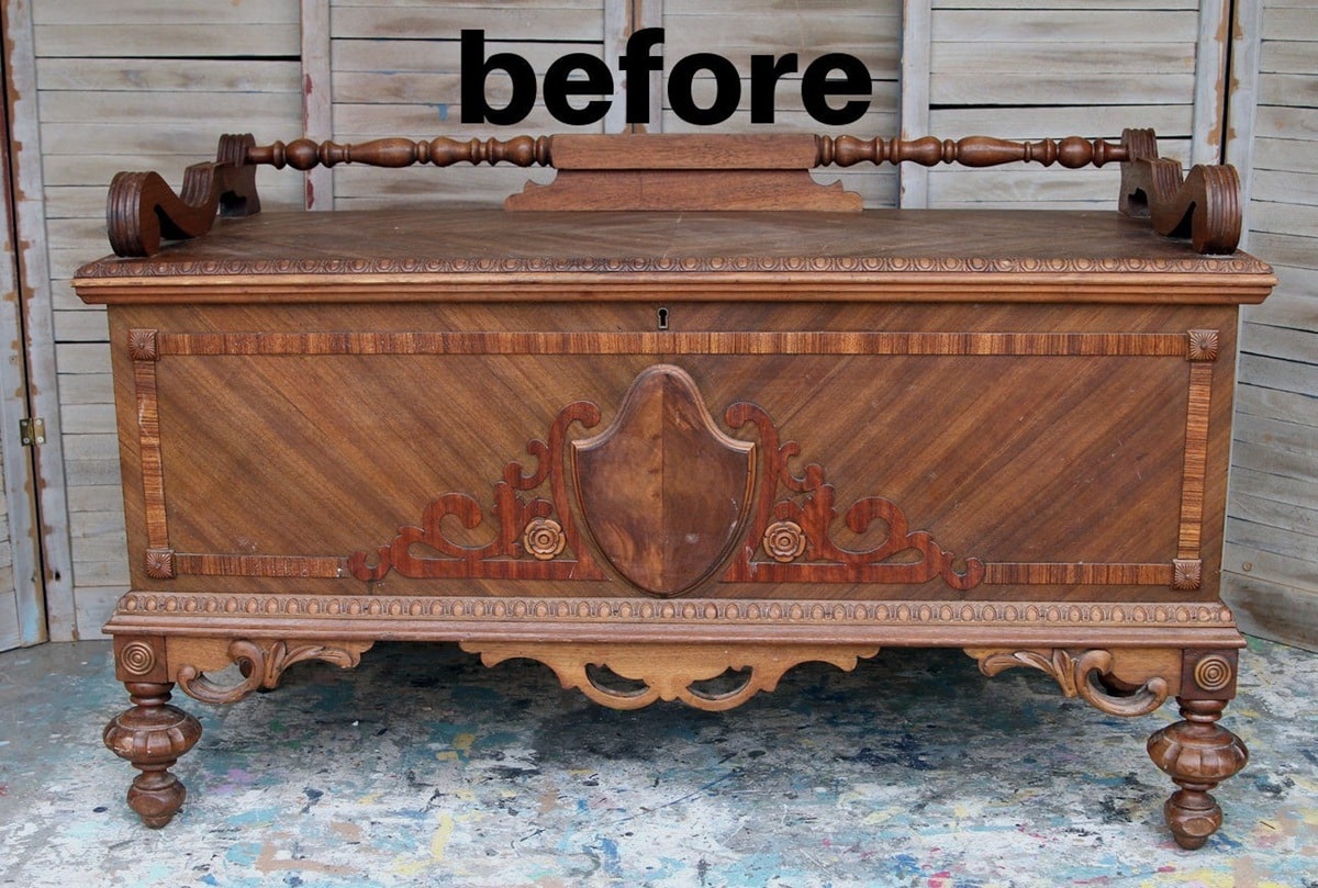 Cedar chest photo before the furniture finish is restored with fresh stain and no stripping.