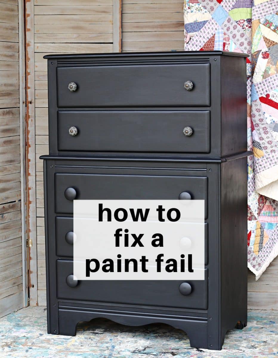 A black painted dresser with two small drawers on top of three (chest on chest) larger drawers sits in front of wood shutters, with a quilt hanging to the right. Overlaid text reads “how to fix a paint fail.”.