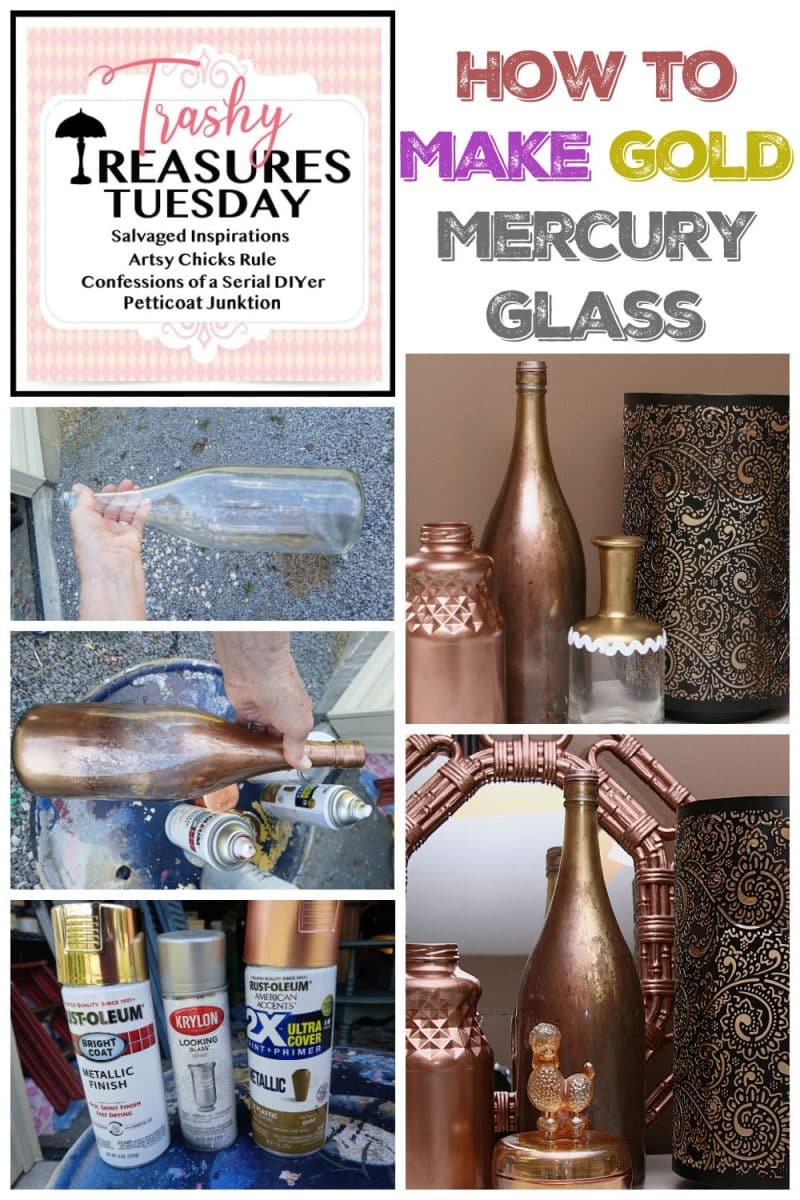 Create gold mercury glass by spraying the inside of a clear wine bottle or other clear glass container with gold metallic spray paint.