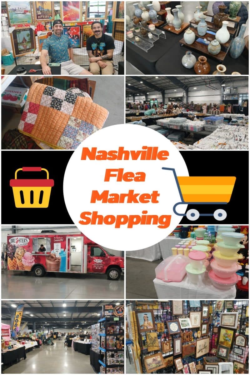 Collage of scenes from Nashville Flea Market, including vendors, quilts, pottery, food trucks, shoppers, antiques, artwork, and a central graphic reading “Nashville Flea Market Shopping” with shopping cart and basket icons.