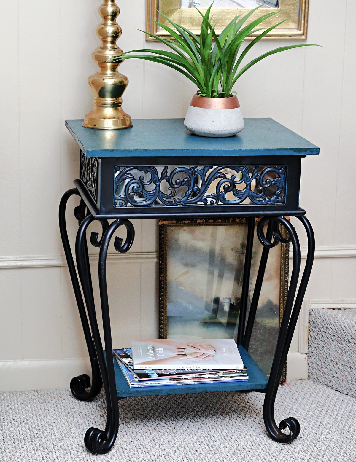 how to paint and dry brush a metal and wood table with Behr oops paint
