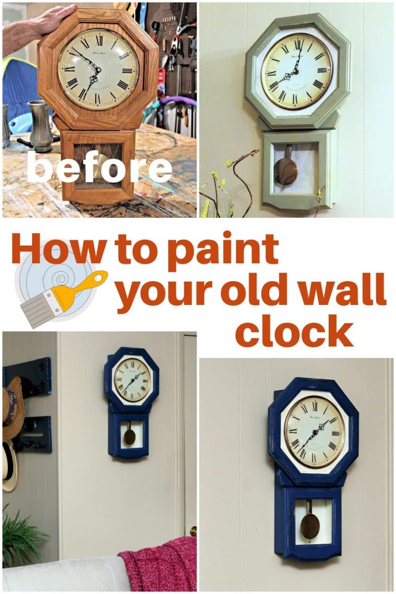 A wood wall clock before and after being painted in different colors—cream, light blue, and dark blue—with the text “How to paint your old wall clock.”.