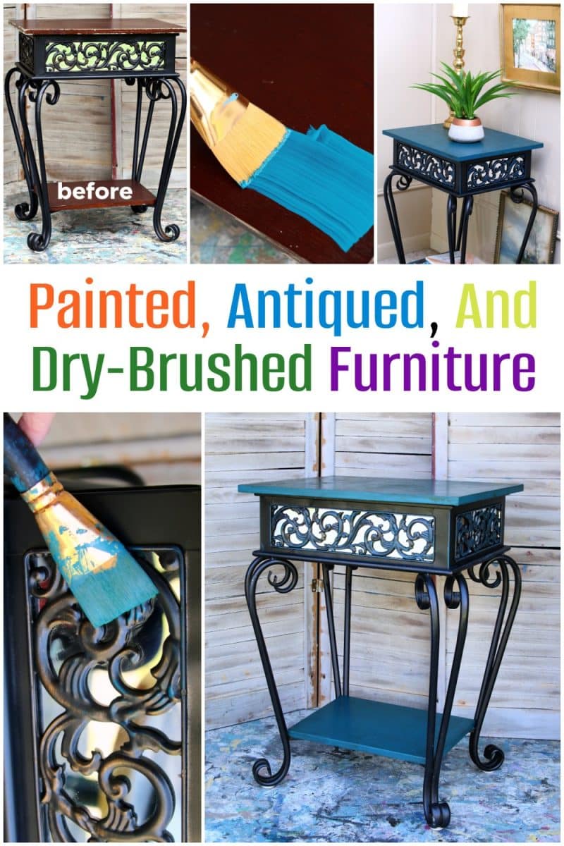 Collage showing a small ornate table before and after being painted blue and black, with close-ups of a brush applying blue paint, and the words “Painted, Antiqued, And Dry-Brushed Furniture” in colorful text.