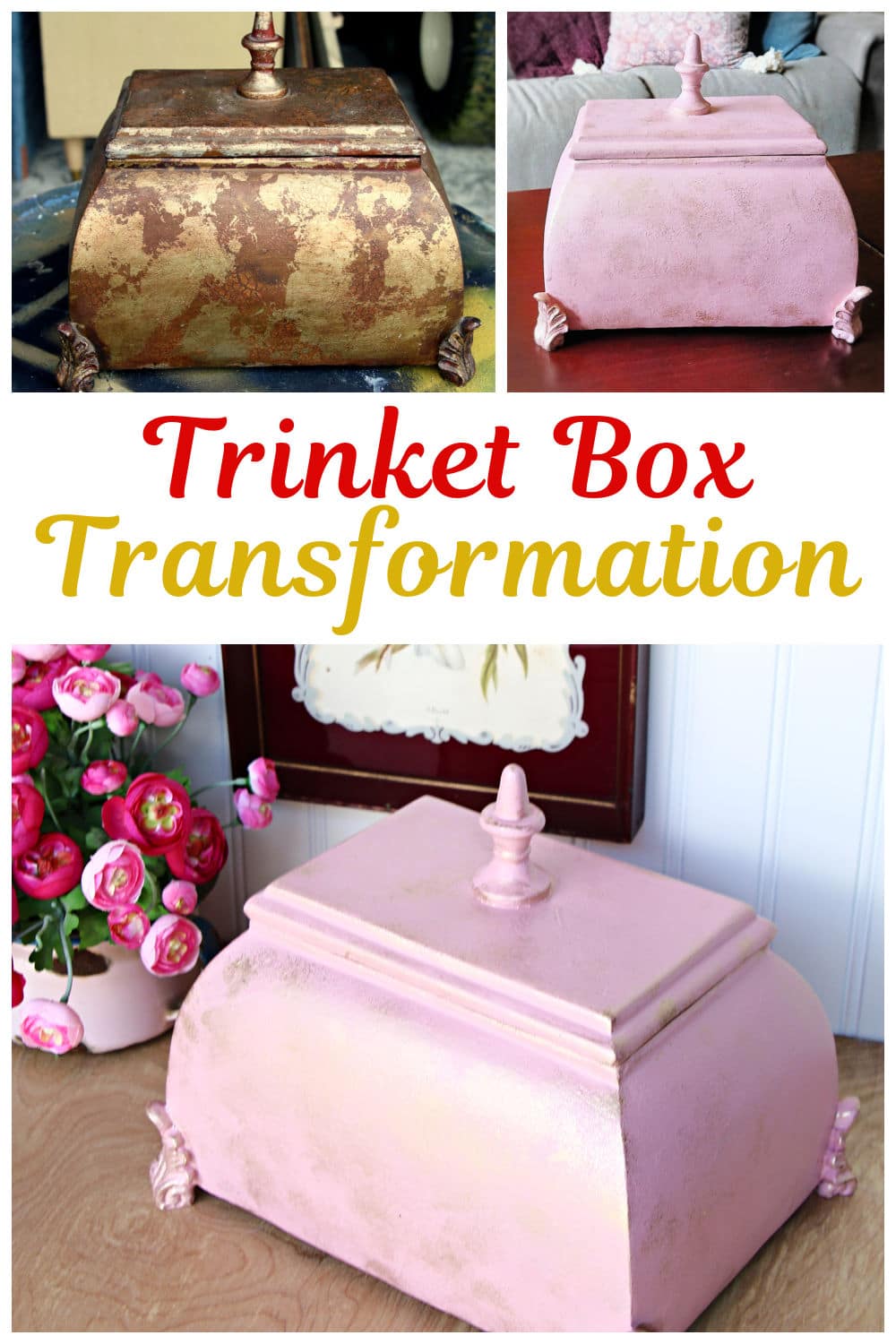 Trinket Box transformation with an amazing makeover using pink paint with metallic gold accents