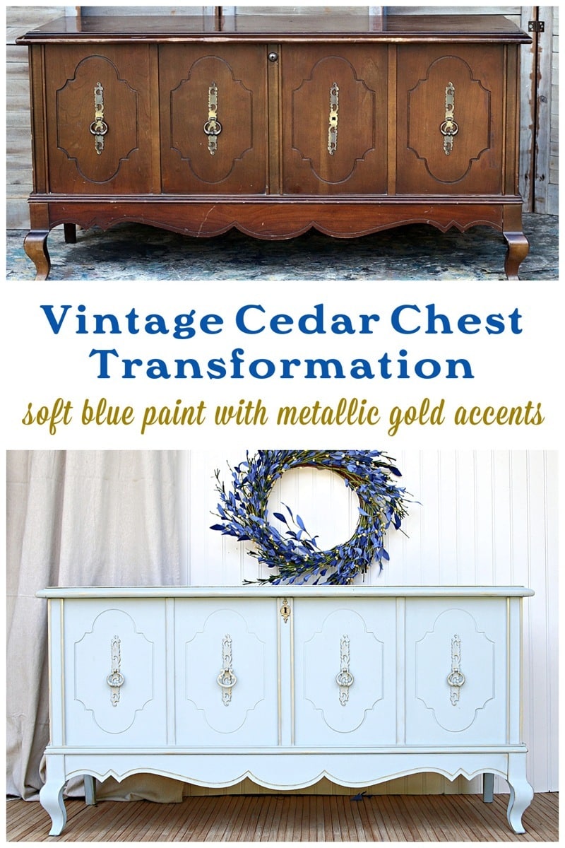 cedar chest transformation with blue paint and metallic gold accents
