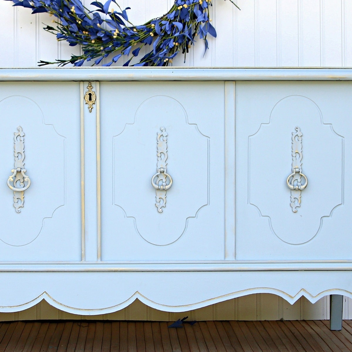 how to paint an old Lane cedar chest for an updated modern look with light blue paint and gold accents with Dixie Belle