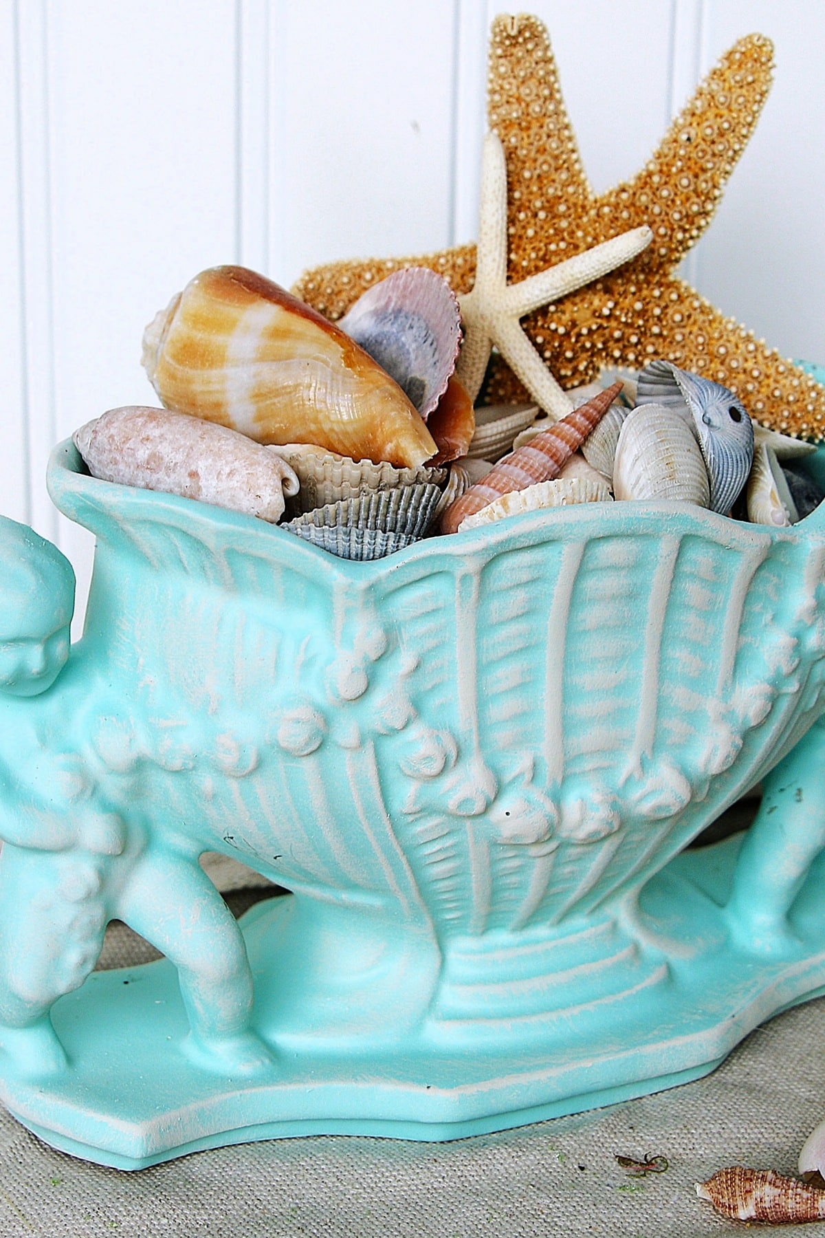 vintage yard sale find painted with aqua spray paint and dry brushed white (1)