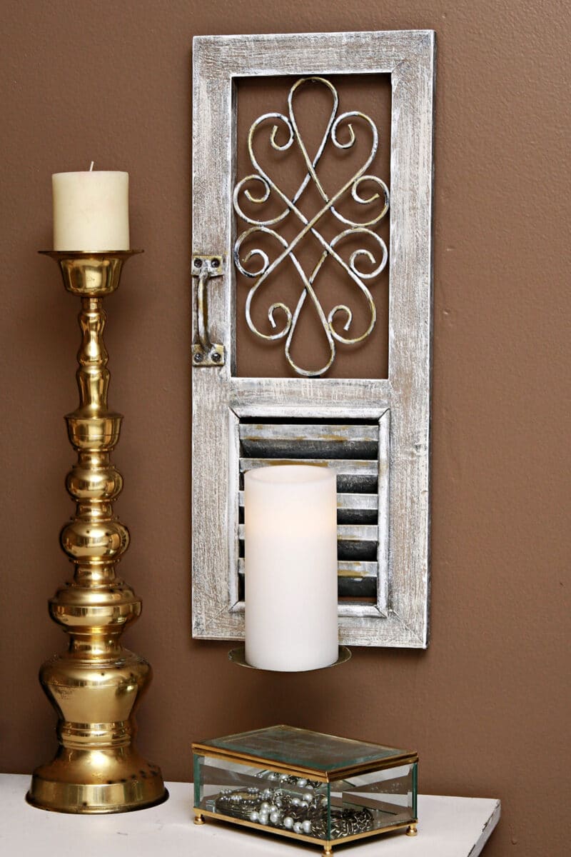 rustic candle holder makeover with dry brushed white paint and gold gilding wax