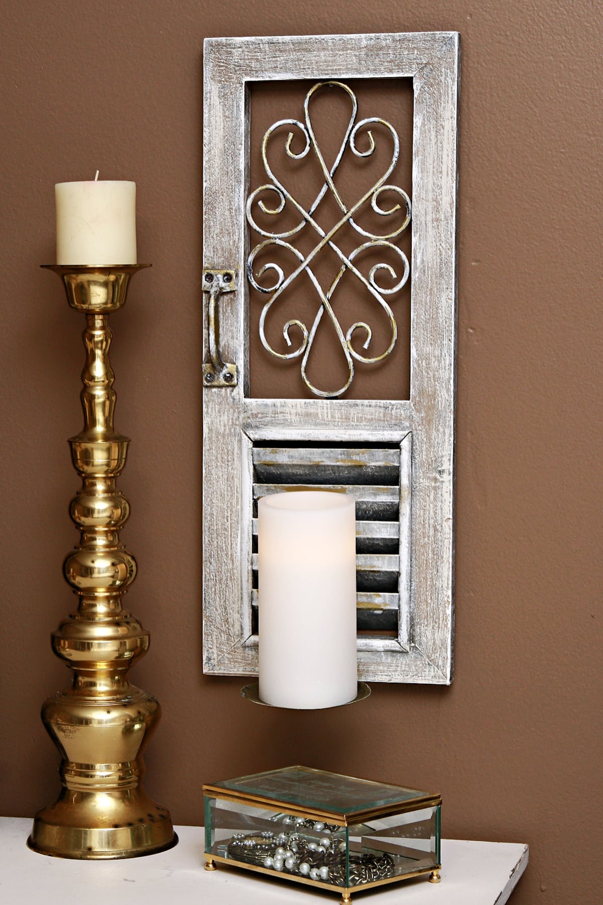 rustic candle holder makeover with dry brushed white paint and gold gilding wax