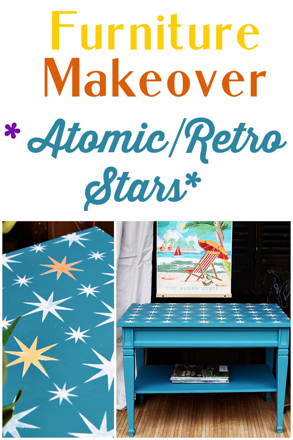 furntiure makeover with atomic stars for a mid century modern vibe