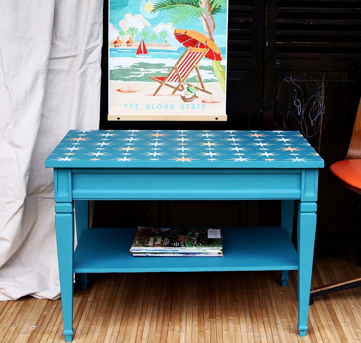 how to paint and stencil a side table with retro stars for a mid century modern vibe