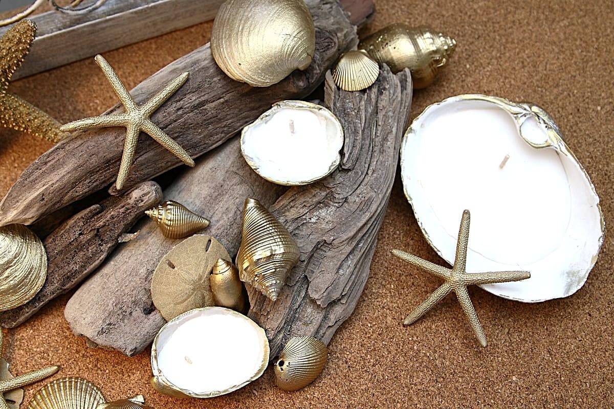 one way to make seashell candles with metallic gold spray paint and soy wax