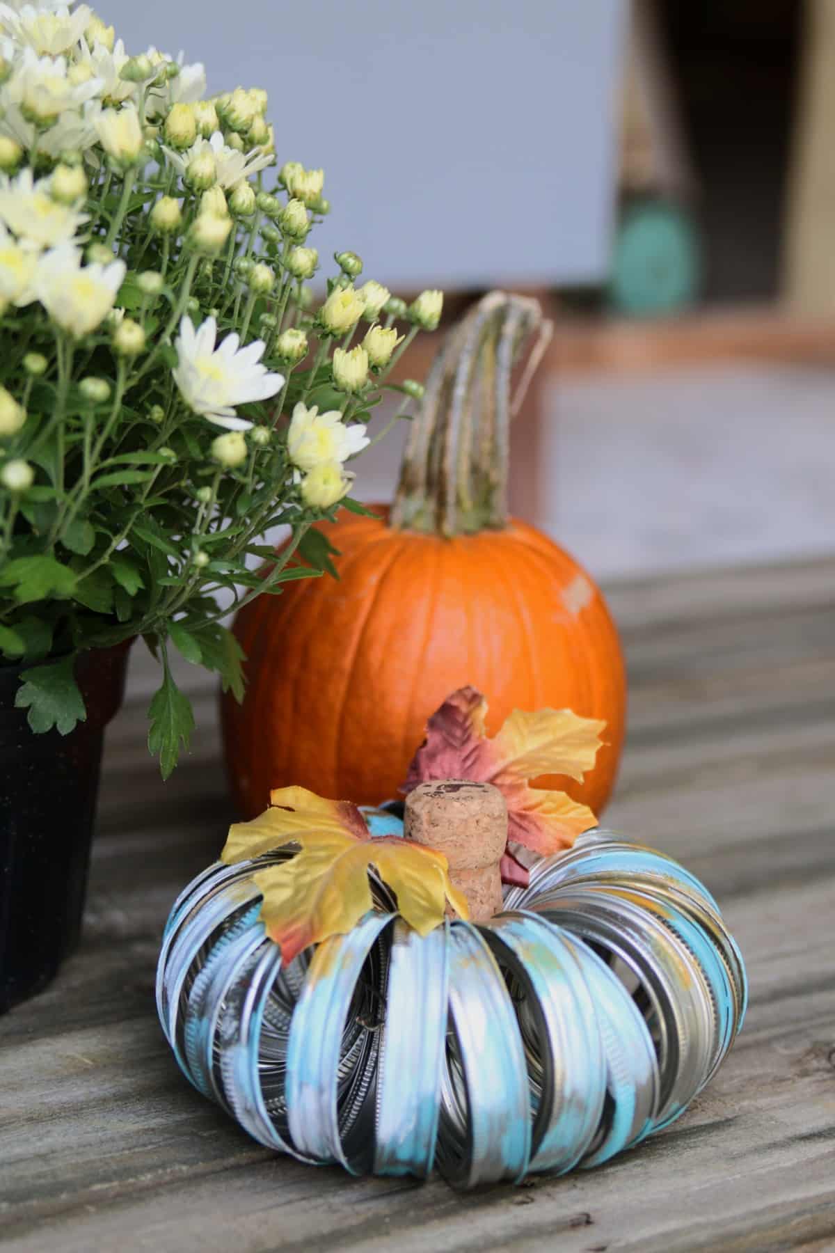 colorful canning jar rings DIY pumpkin with wine cork stem 
