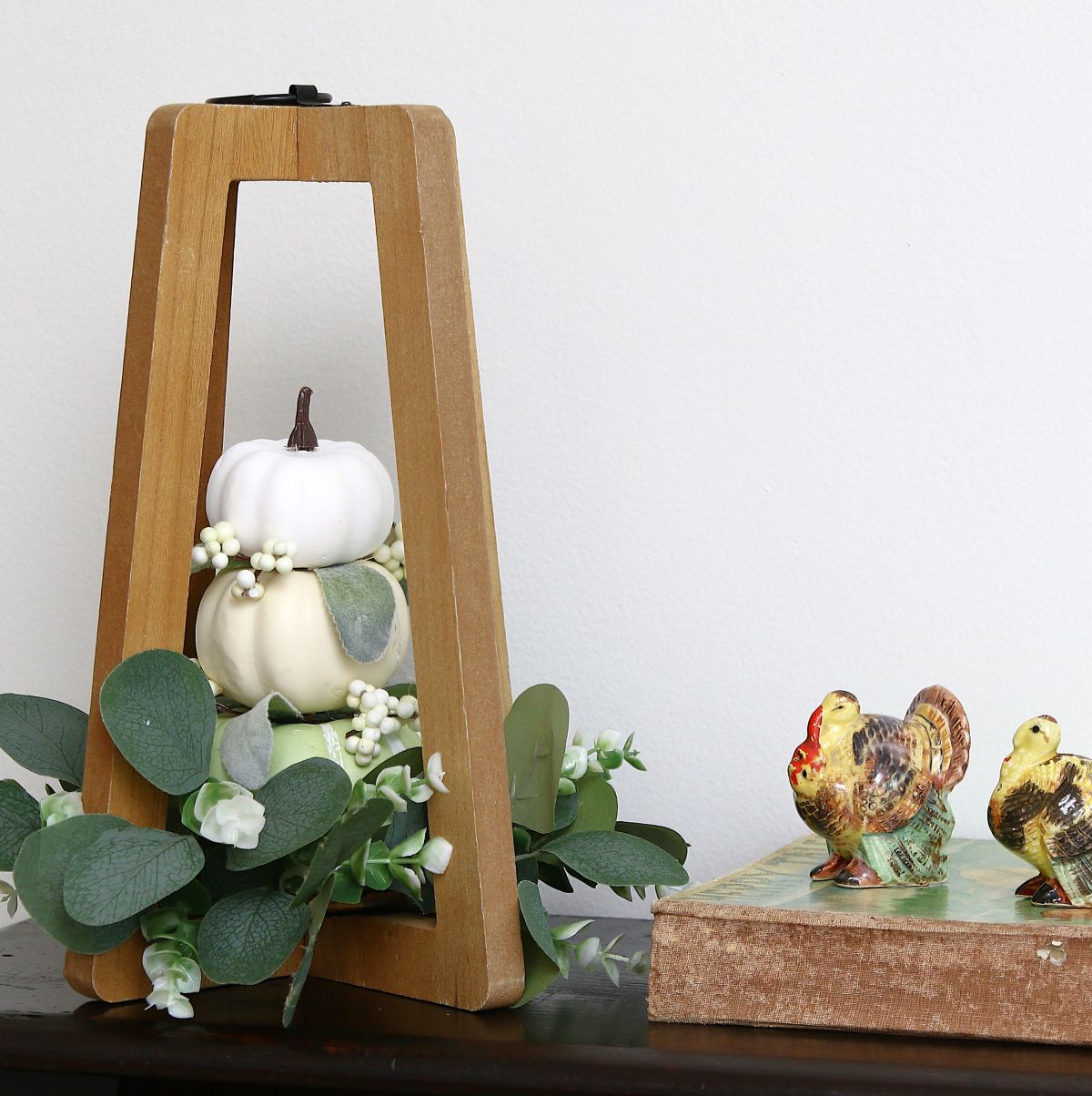how to make Fall decor with faux pumpkins and a candle holder 1