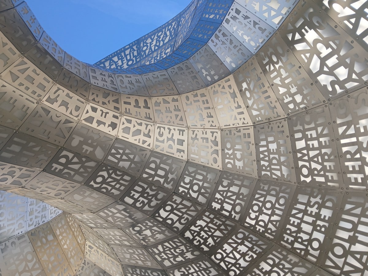 The sculpture, Loqui, at The Nashville Flea Market ia massive and contains words and phrases from people living in Nashville